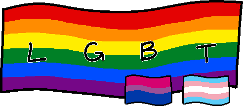 The acronym 'LGBT'. All letters are on the rainbow pride flag. The 'B' is paired with the bisexual pride flag, and the 'T' with the transgender pride flag.
