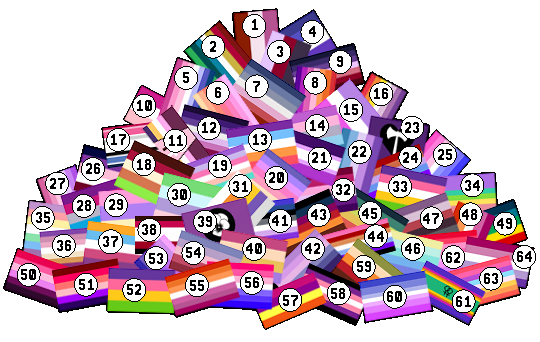 Different lesbian flag designs in a pile, numbered.