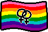 Rainbow pride flag (original 8-striped version) with interlocking venus/female symbols on it